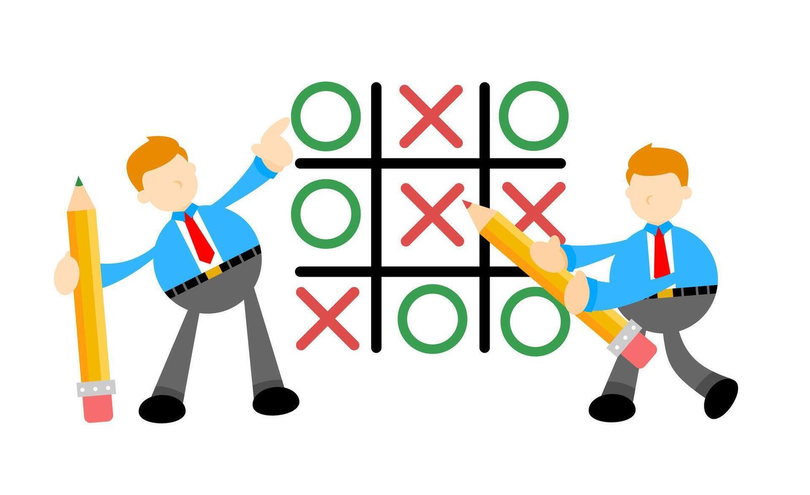 Two businessmen playing tic tac toe on a white background vector