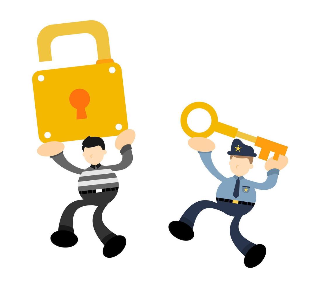 Two cartoon men holding a key and a lock vector