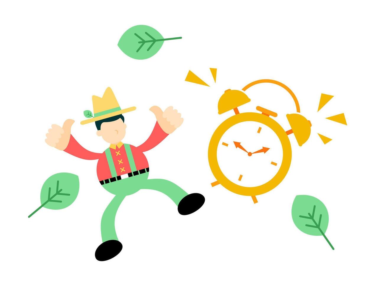 A man in a hat is jumping around with an alarm clock vector