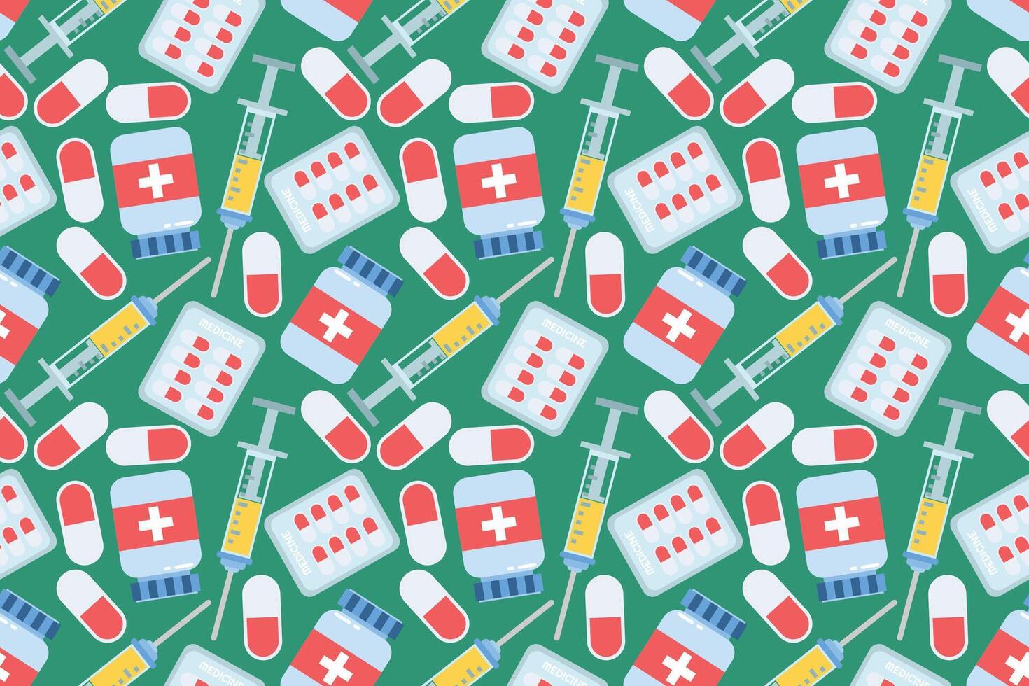 A pattern of medical supplies and pills on a green background vector