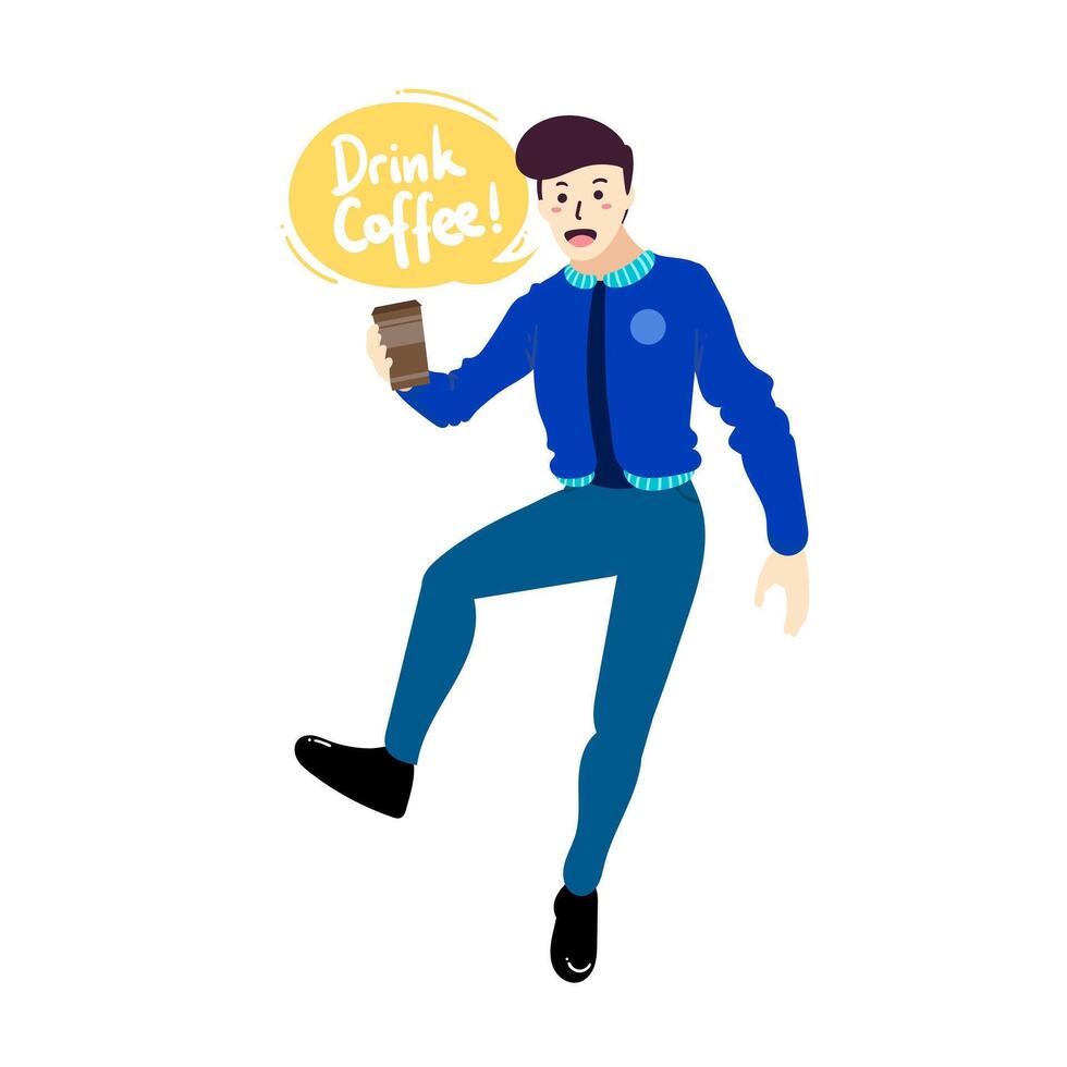 A man in a blue shirt and tie holding a coffee vector
