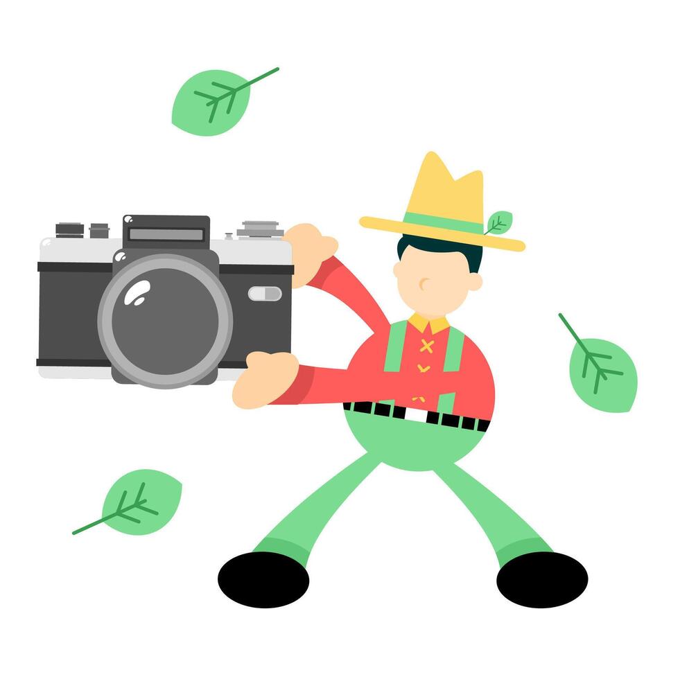 A man in a hat and green pants is holding a camera vector