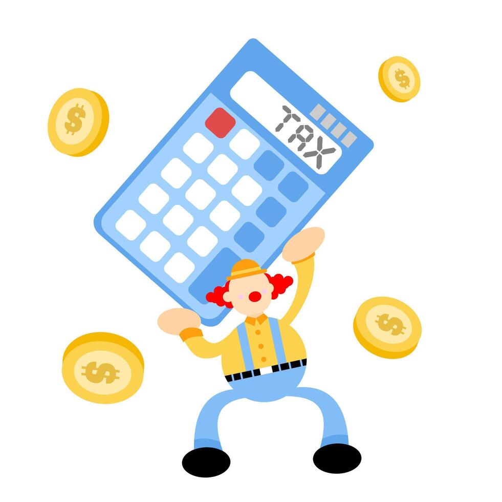 A cartoon clown holding a calculator and coins vector