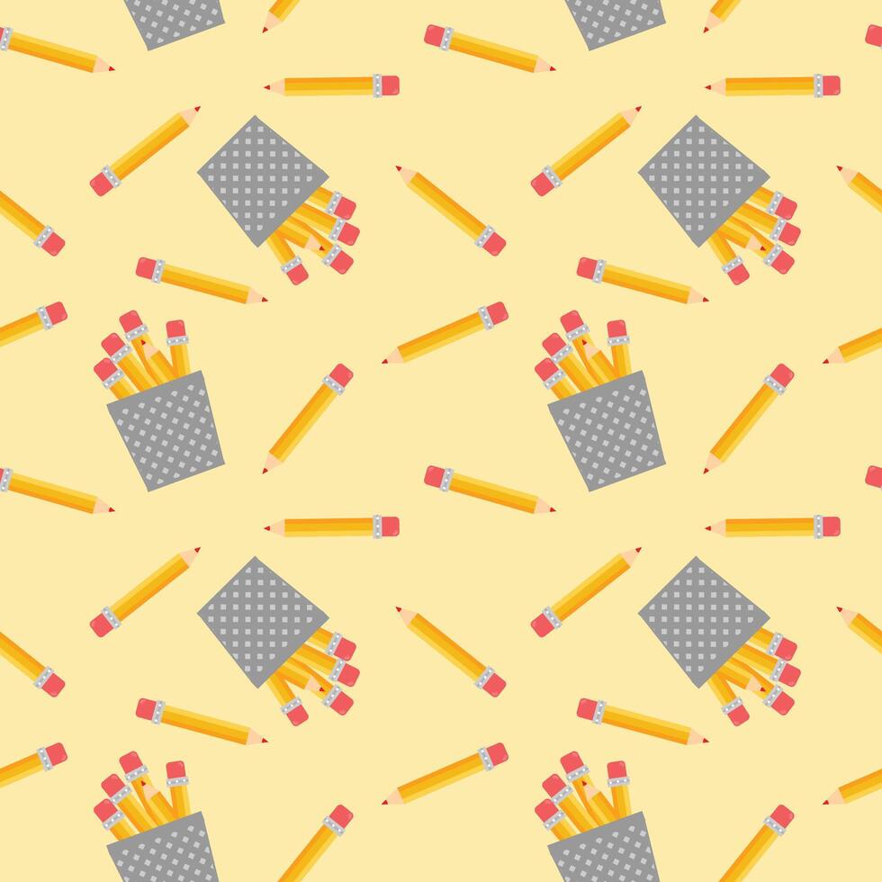 A pattern with pencils and pens on a yellow background vector