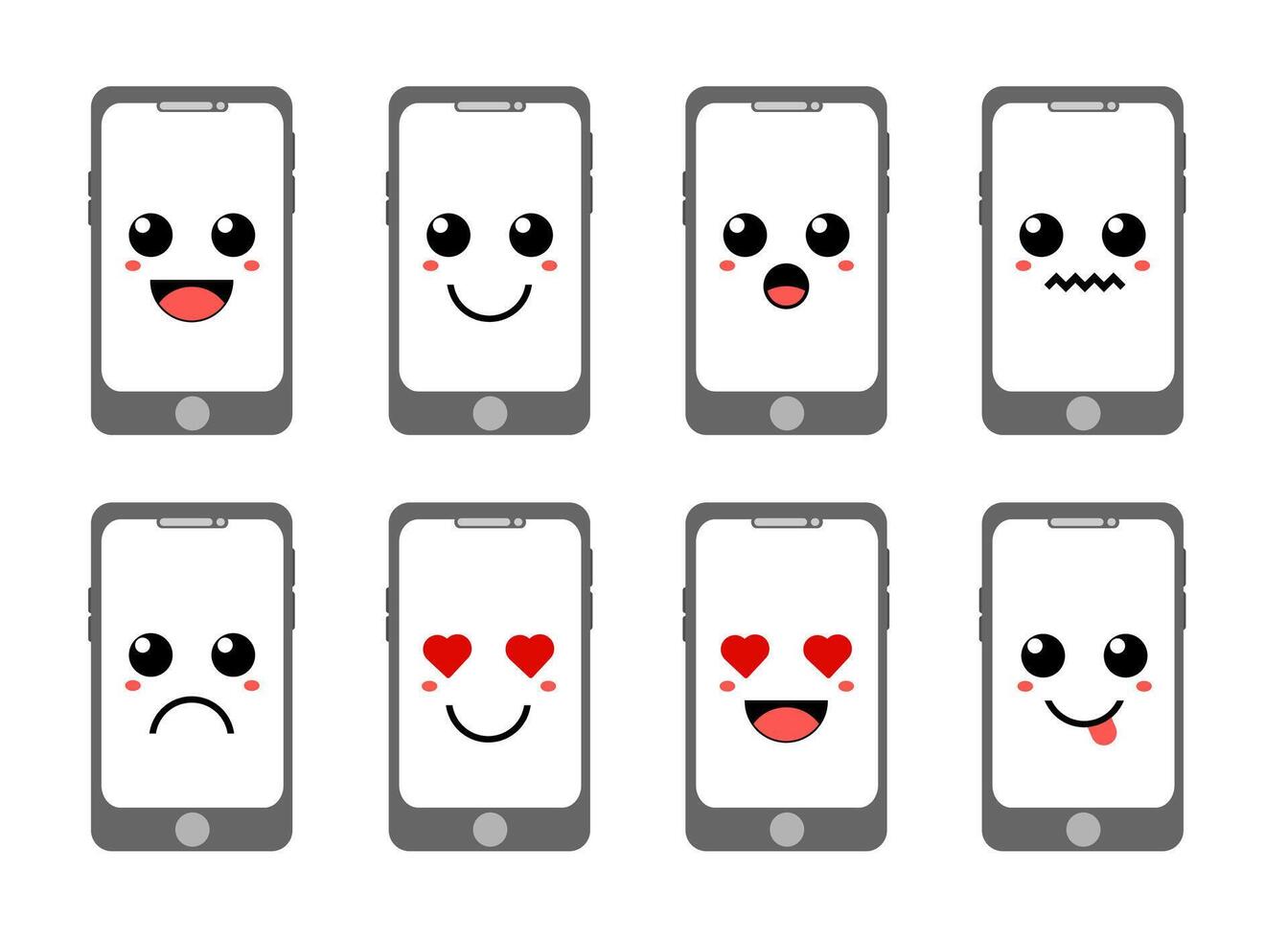 Set of six mobile phones with different emoticons vector