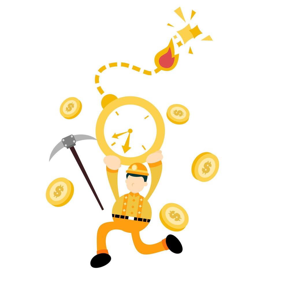 A cartoon miner running with a clock and money vector