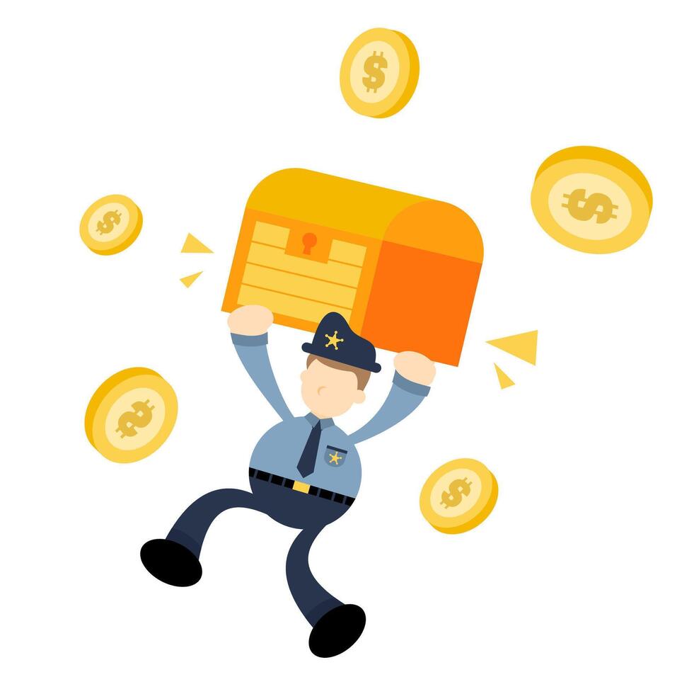 A cartoon police officer carrying a box with coins vector