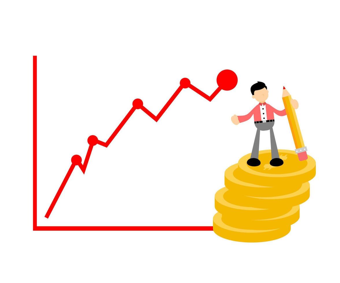 Businessman on top of pile of coins with graph vector