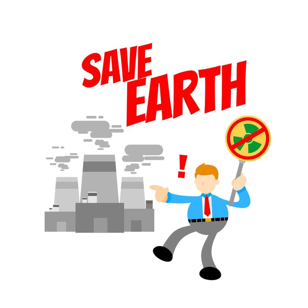 Save earth cartoon man holding sign with smoke coming out of factory vector