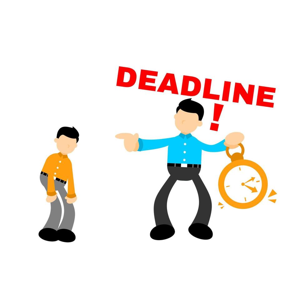 A man is holding a clock and pointing to the word deadline vector