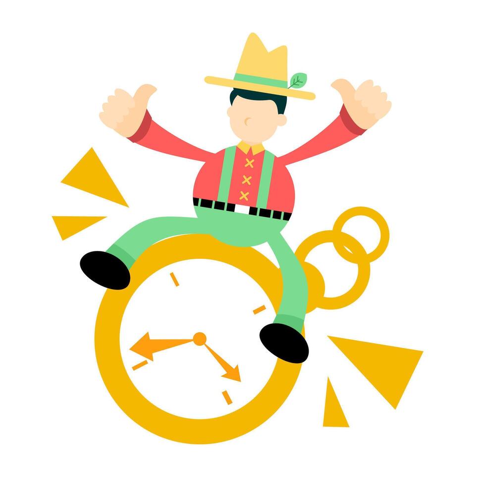 A man in a hat and green pants is sitting on a clock vector