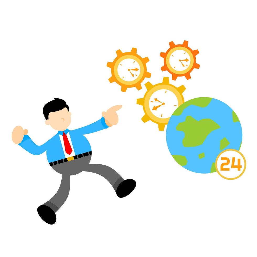 Businessman running around the globe with gears vector