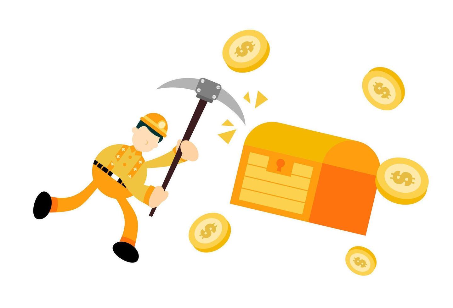 A cartoon miner is throwing money into a chest vector