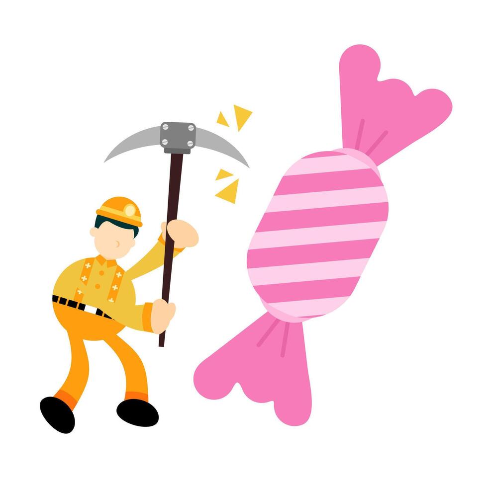 A cartoon man holding a pick axe and a giant candy vector