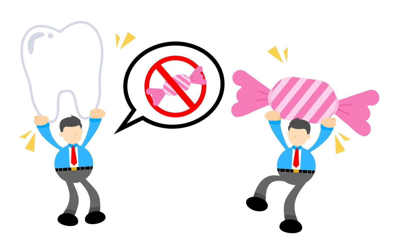 Two cartoon men holding a tooth and a candy vector