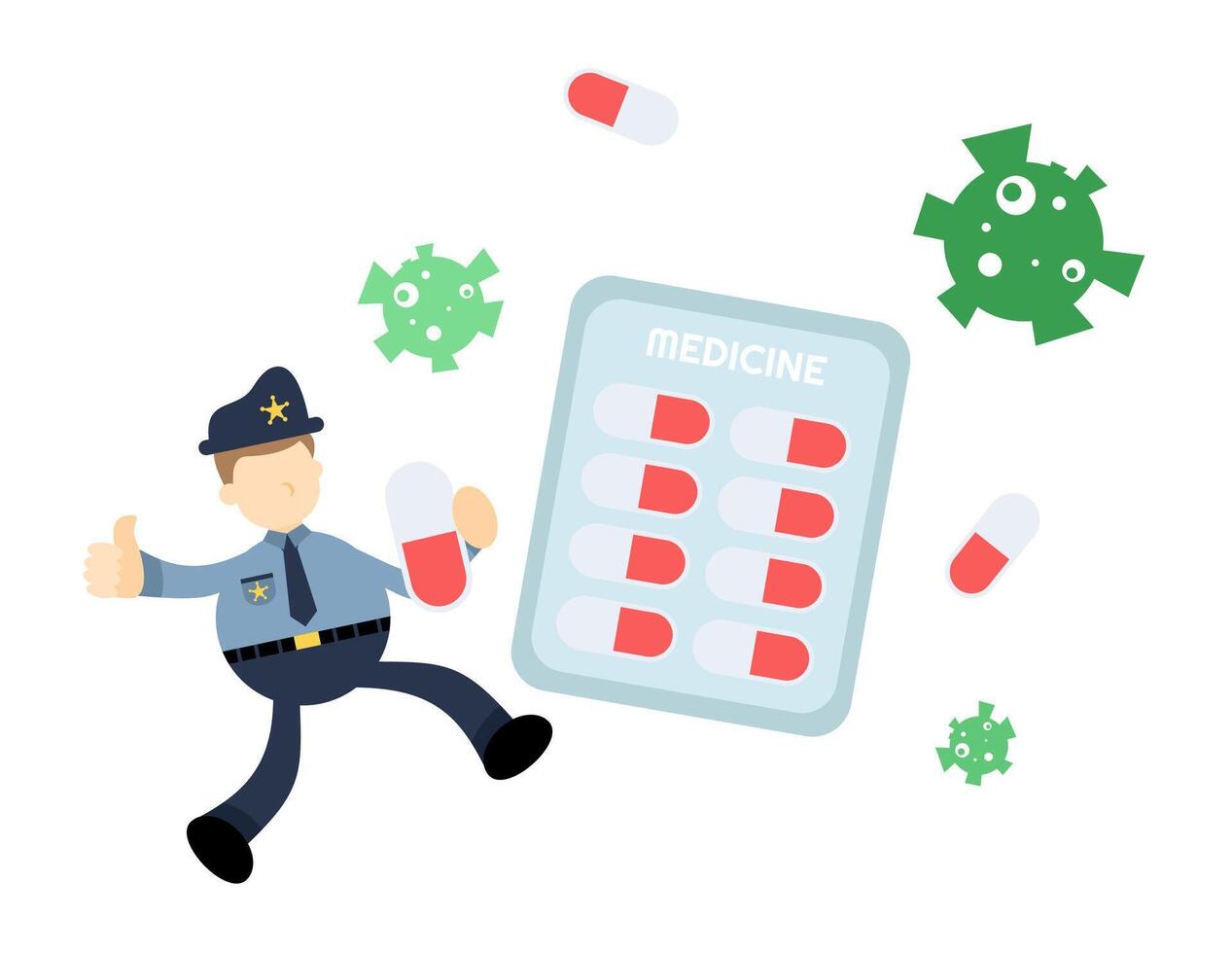 A police officer is running with pills in his hand vector
