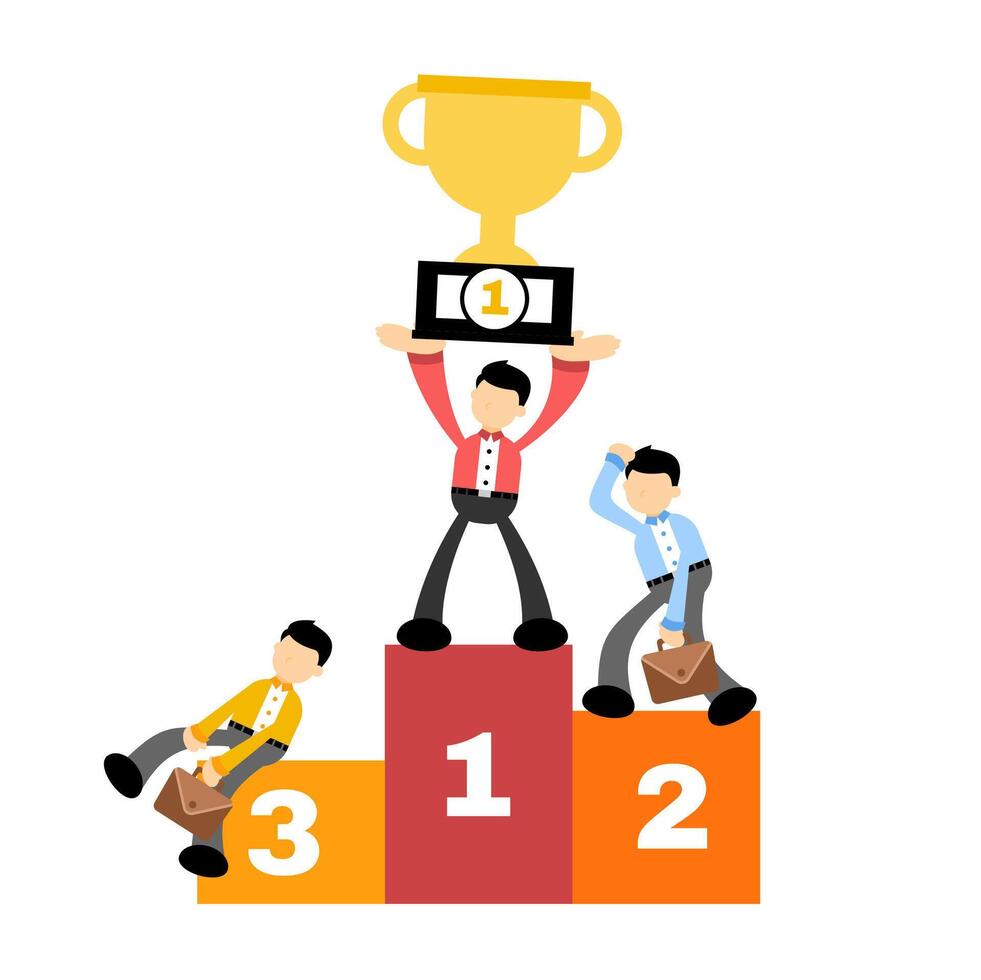 Businessman on podium holding trophy and standing on top of podium vector