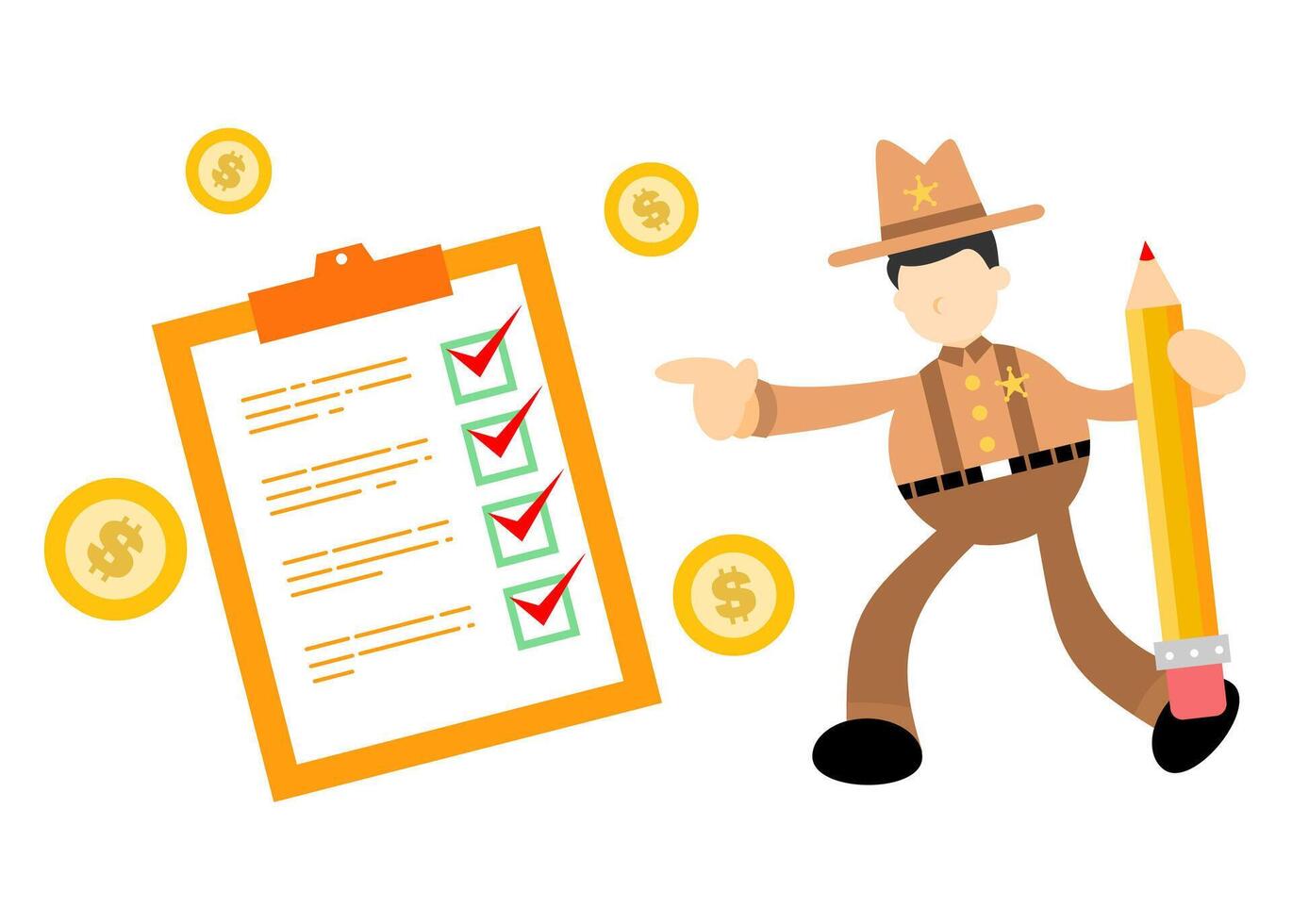 A sheriff's deputy is holding a pencil and a checklist vector