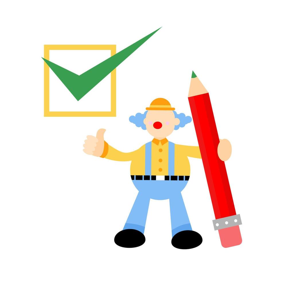 A clown holding a pencil and a check mark vector