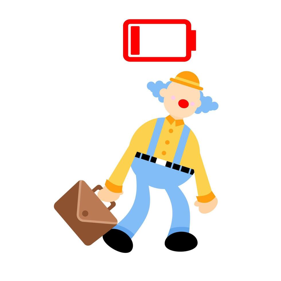 A cartoon clown with a suitcase and a battery vector