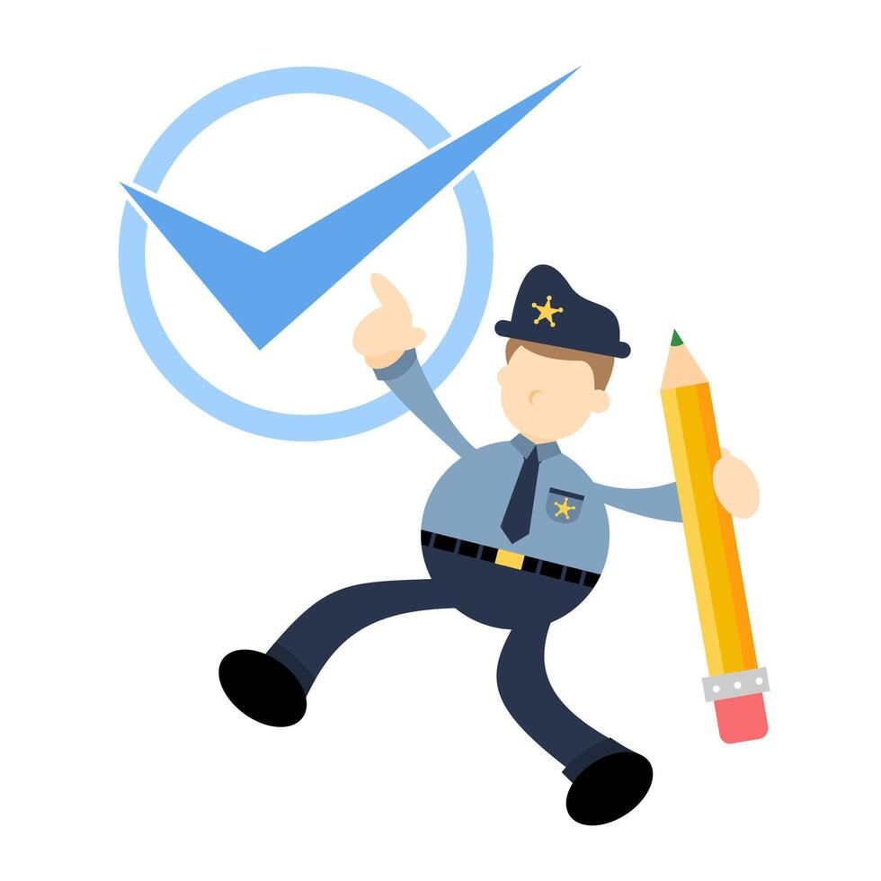 A cartoon policeman holding a pencil and a check mark vector