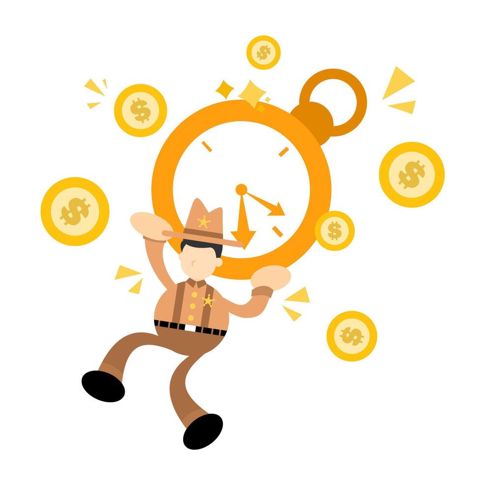 A cartoon man is holding a clock with money falling around him vector