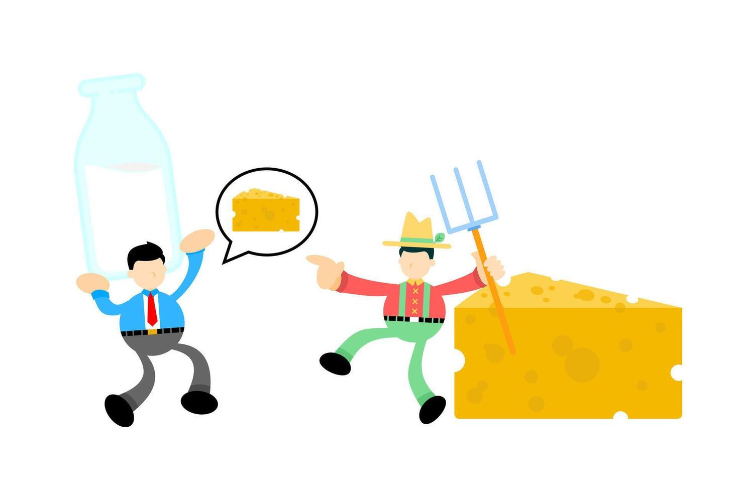 Two men are standing next to a cheese and a milk bottle vector
