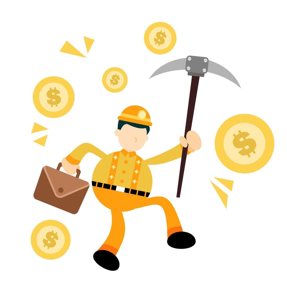 A cartoon miner with a pickaxe and briefcase running with money vector