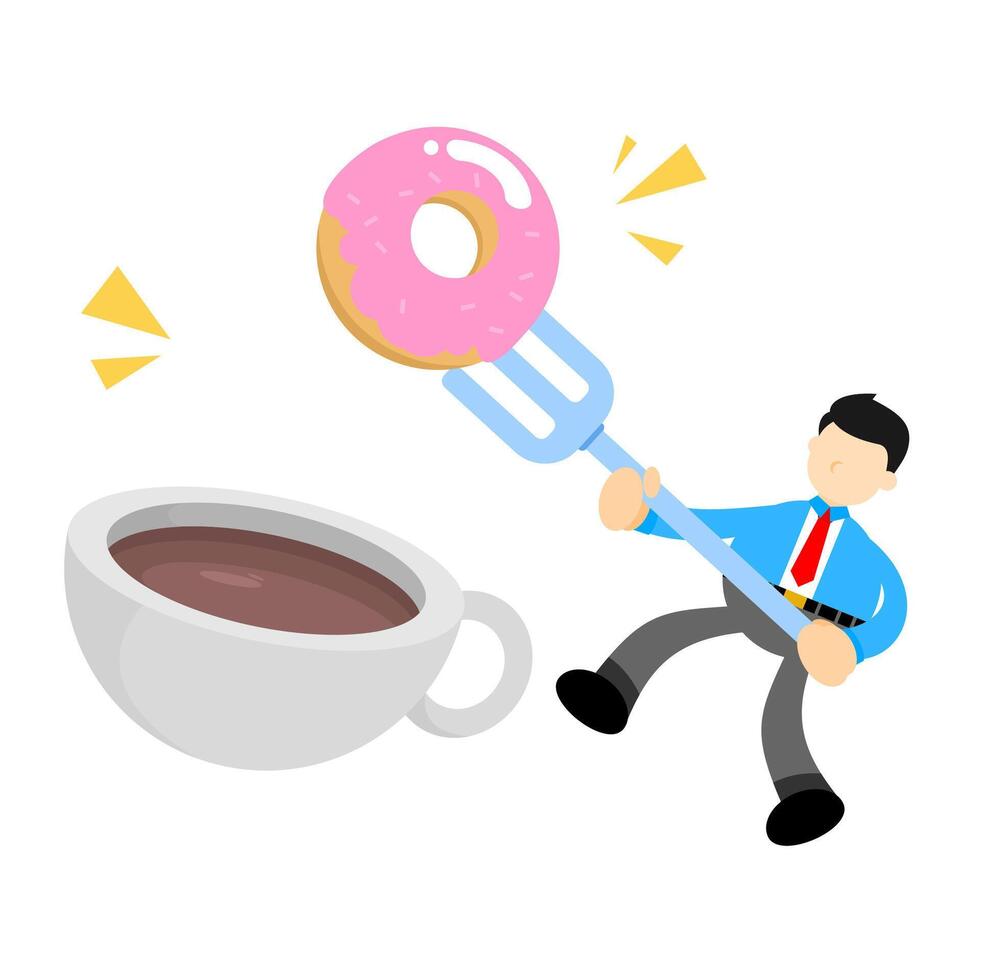 A cartoon man is holding a fork and a donut vector