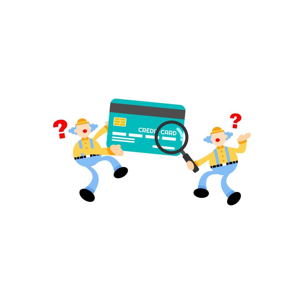 Two people holding a credit card with a magnifying glass vector