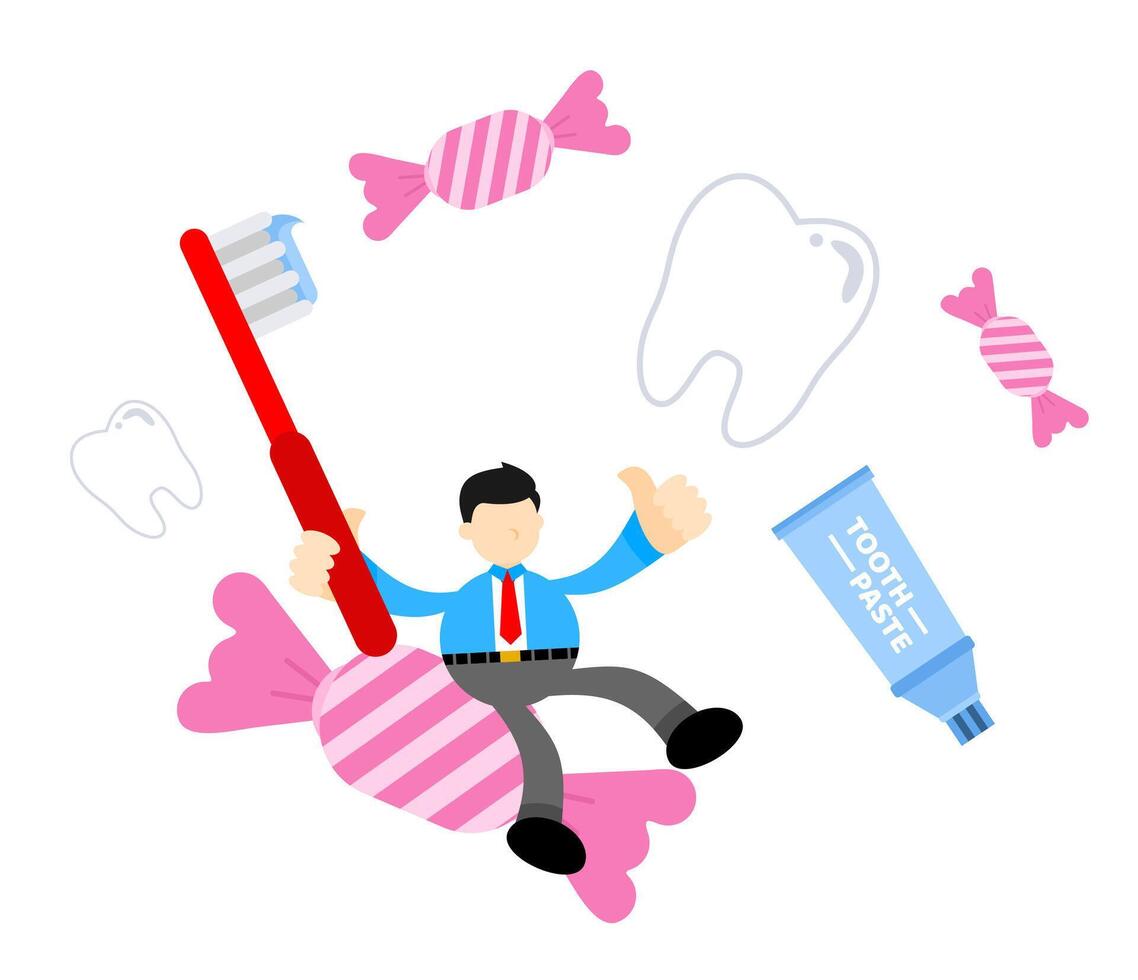 A cartoon man sitting on a toothbrush and candy vector