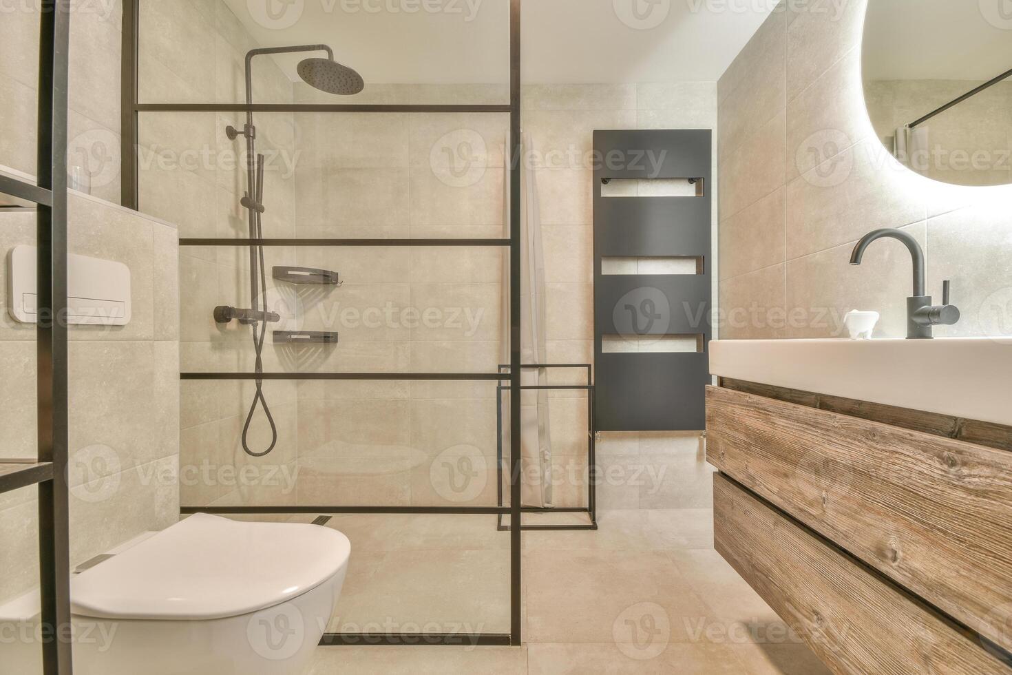 A bathroom with a shower and a sink photo