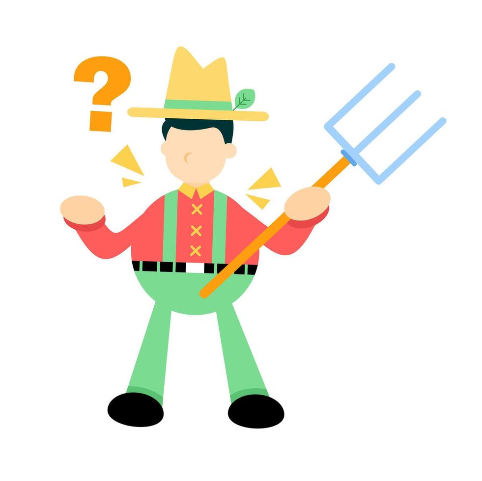 A cartoon farmer holding a pitchfork and a question mark vector