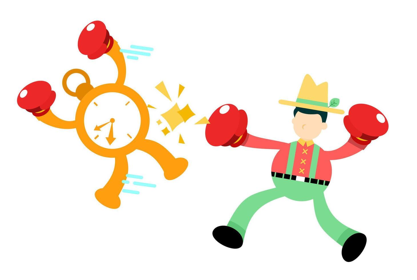A man wearing boxing gloves is punching a clock vector