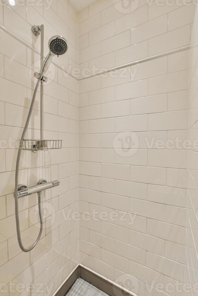 A shower with a shower head and a hand shower photo