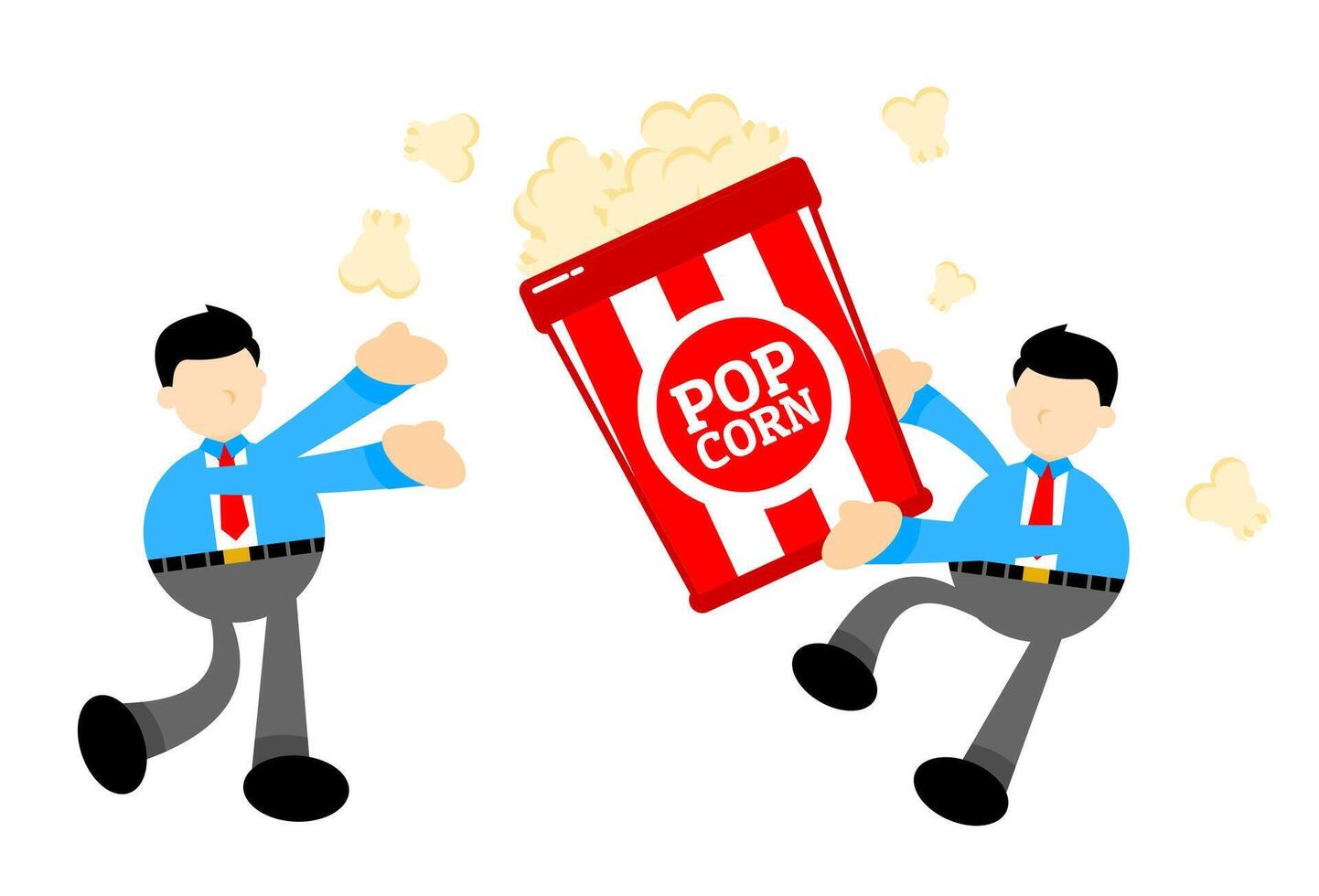 Two businessmen are holding popcorn and popcorn is popping vector