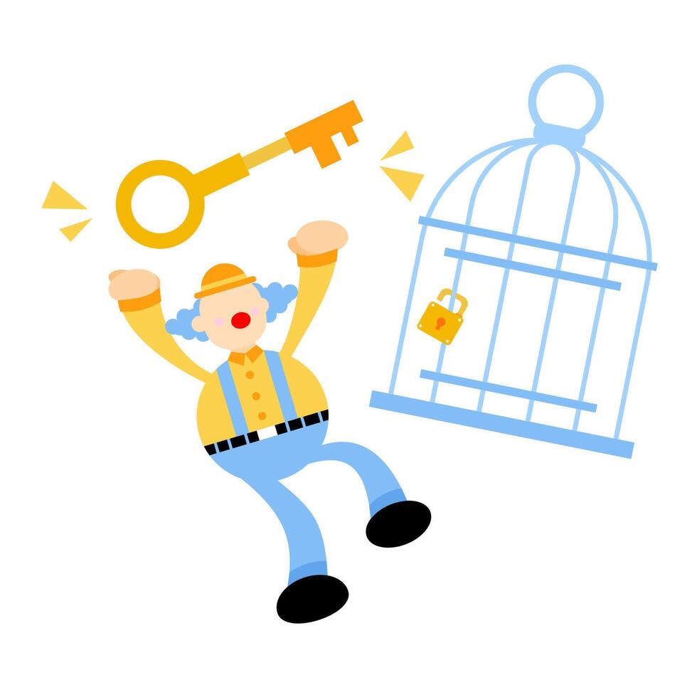 A cartoon man is holding a key to a cage vector