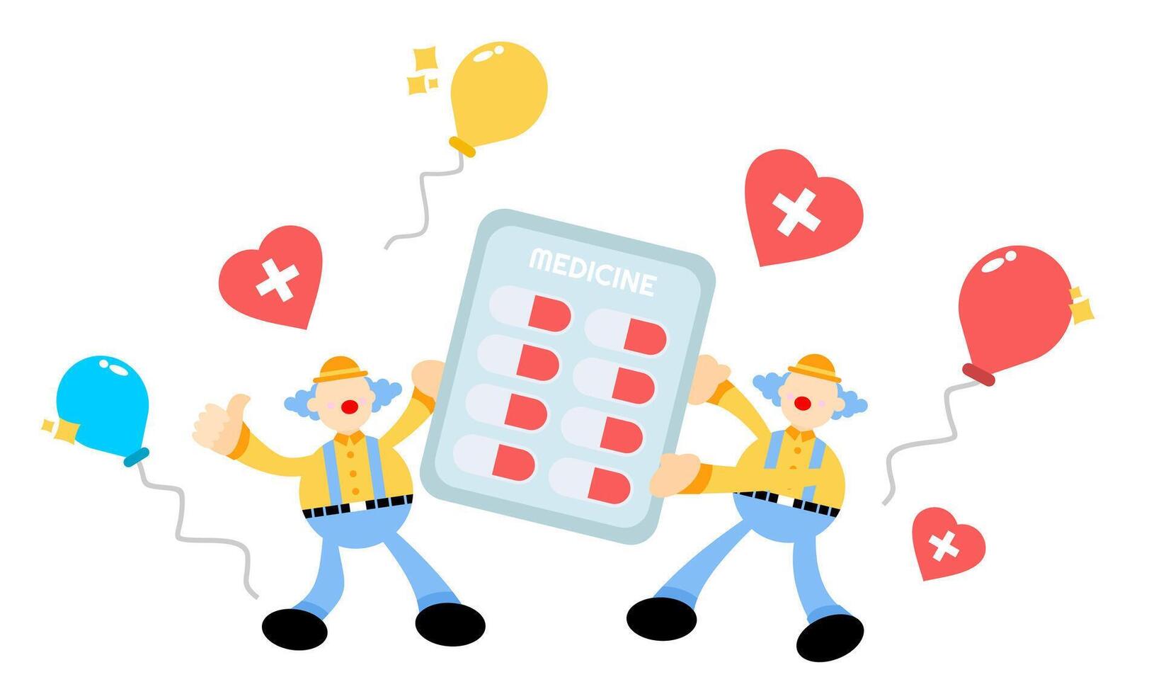 Two clowns holding up a pill box with balloons vector