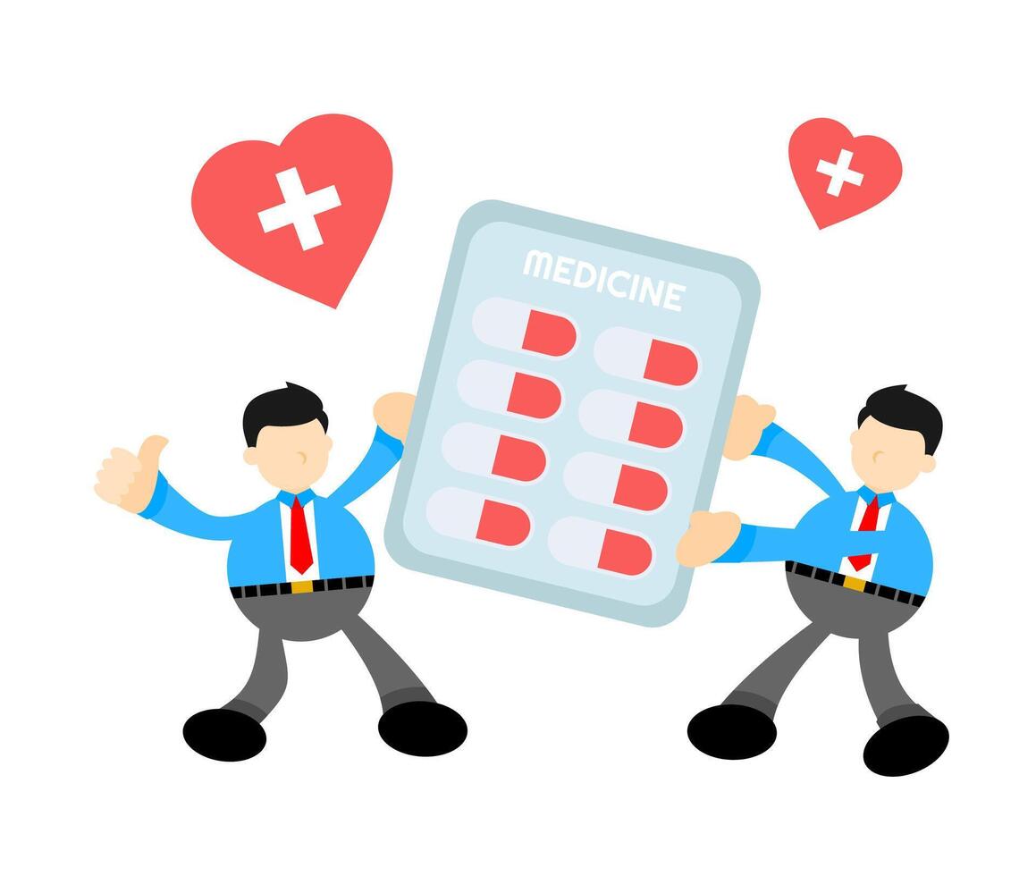 Two businessmen holding a pill box with medicine vector
