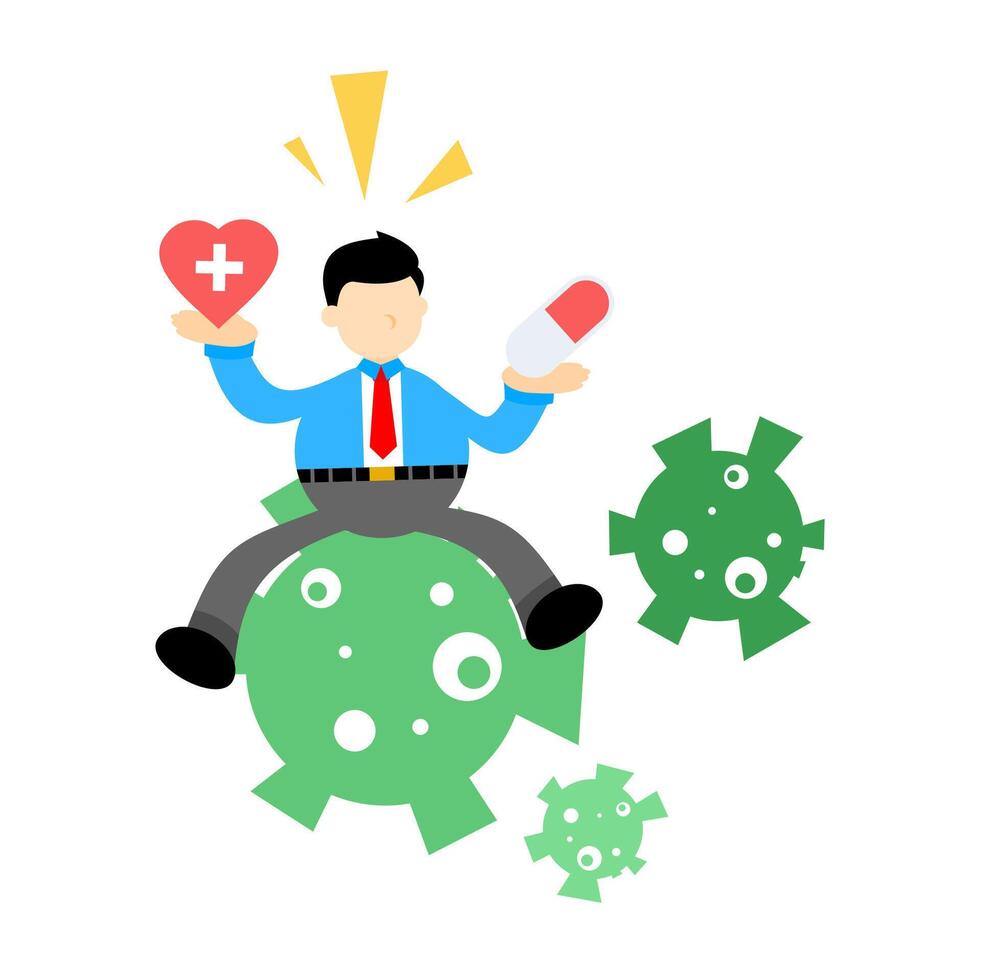 A man sitting on a green heart and holding a pill vector