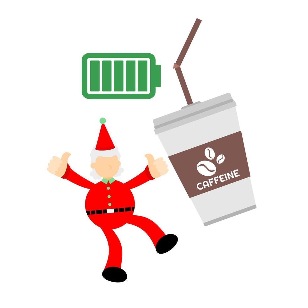 A cartoon santa claus holding a cup of coffee and a battery vector