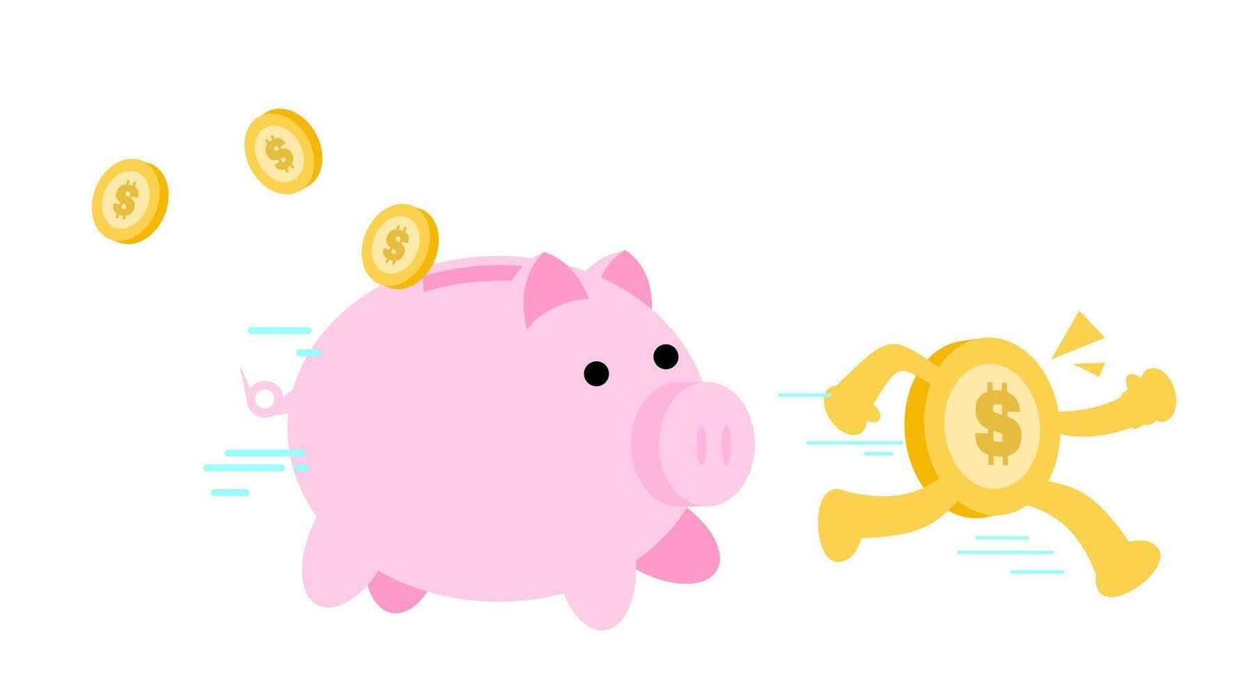 A cartoon piggy running away from a coin vector