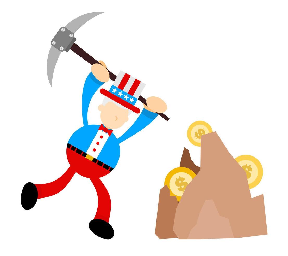 A cartoon uncle sam with a pickaxe and a pile of gold coins vector