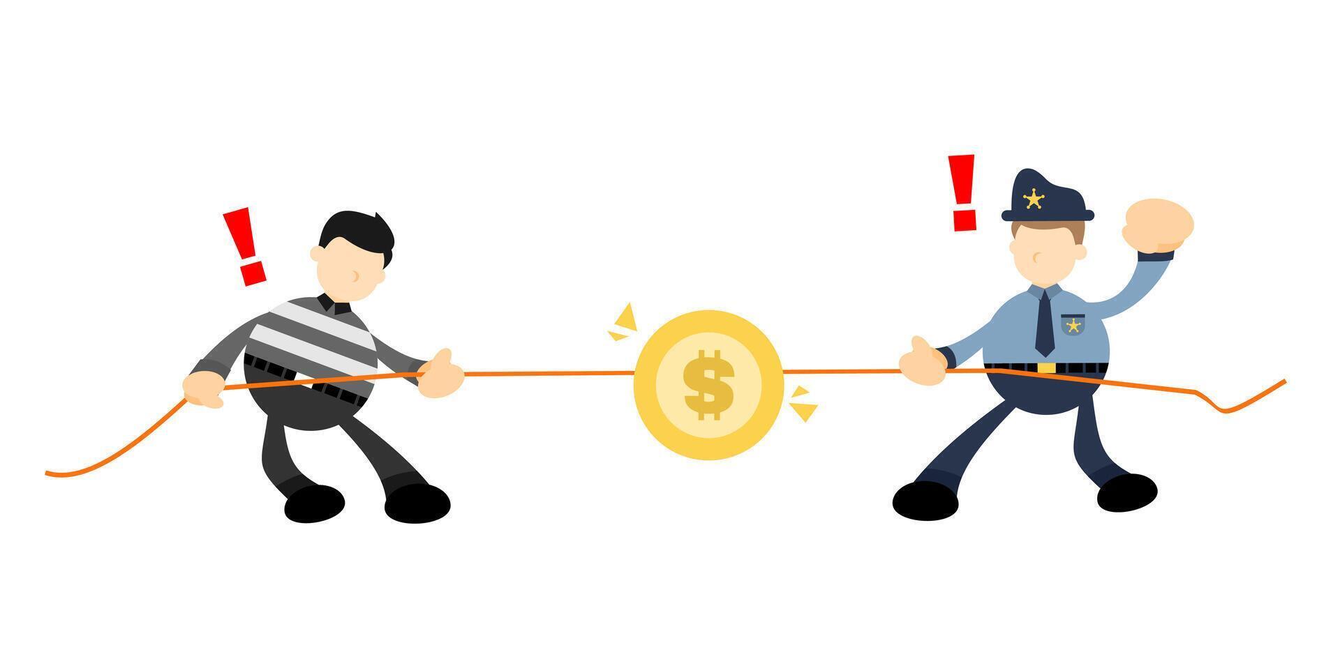 Two cartoon men pulling a rope with a coin vector