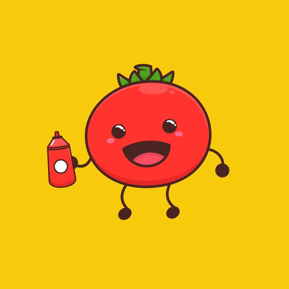 A cartoon tomato character holding a bottle of ketchup vector