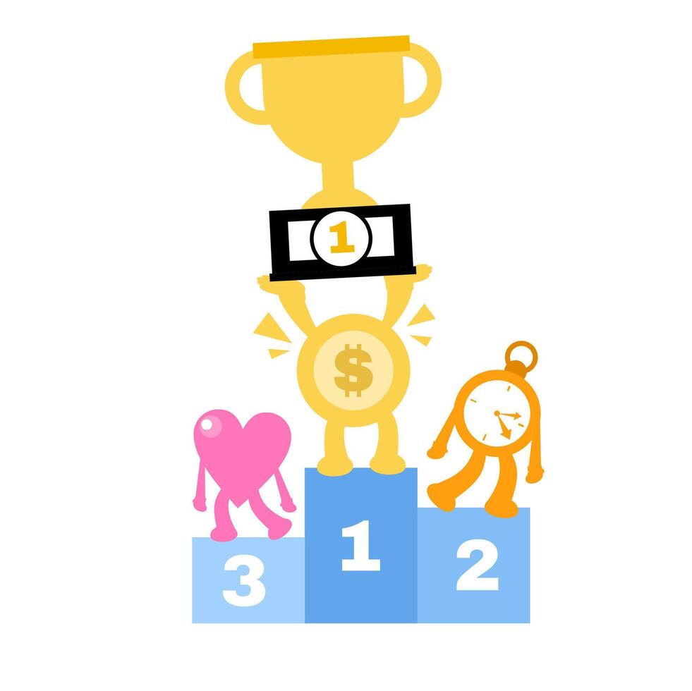 A cartoon character holding a trophy and a gold coin vector
