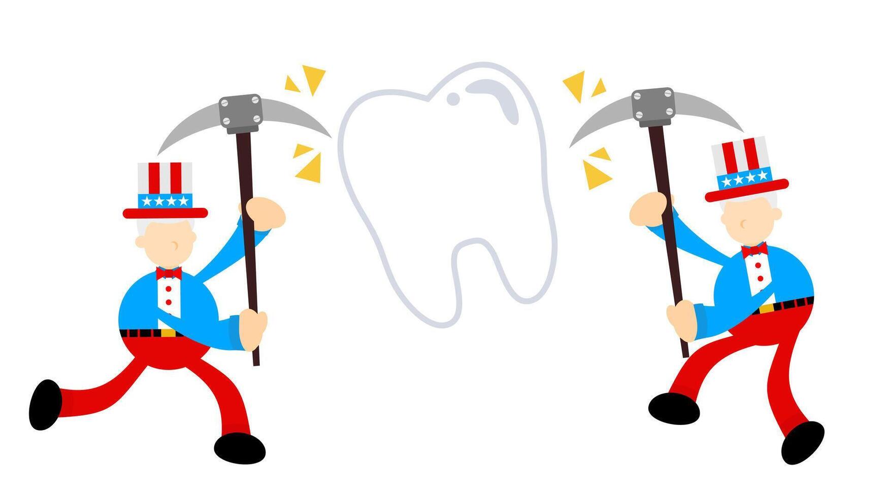Two cartoon characters holding a tooth and a hammer vector