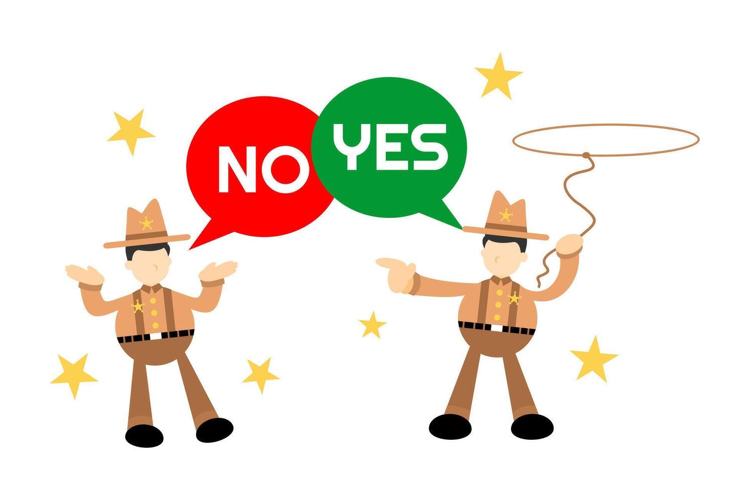 Two men in cowboy hats with speech bubbles that say no and yes vector