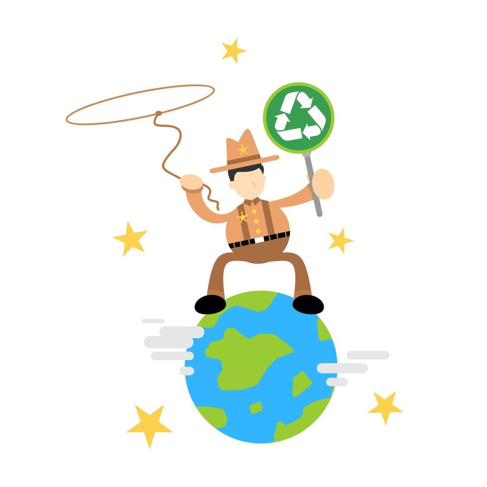 A cartoon man is sitting on top of the earth holding a recycling sign vector