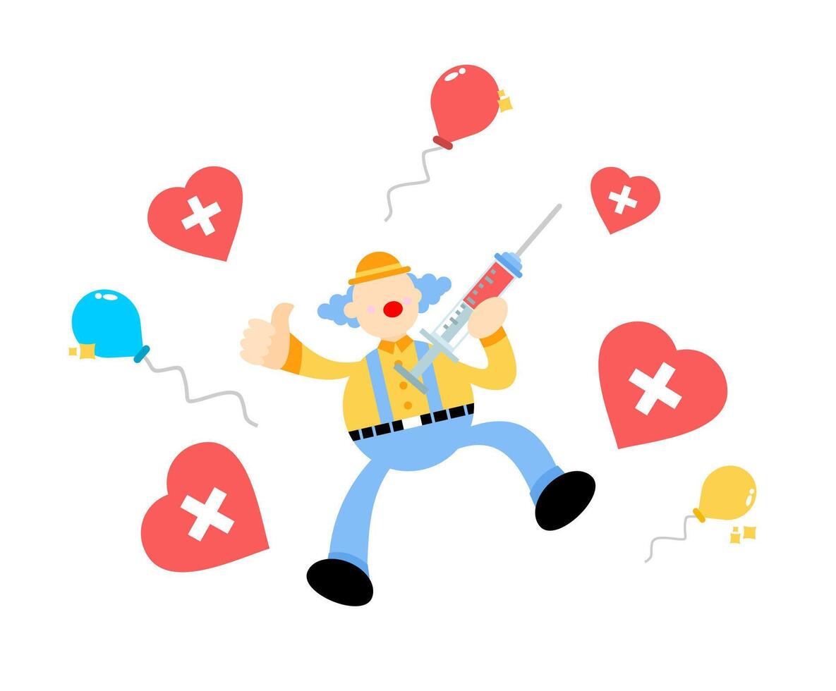 A cartoon clown holding a syringe and balloons vector